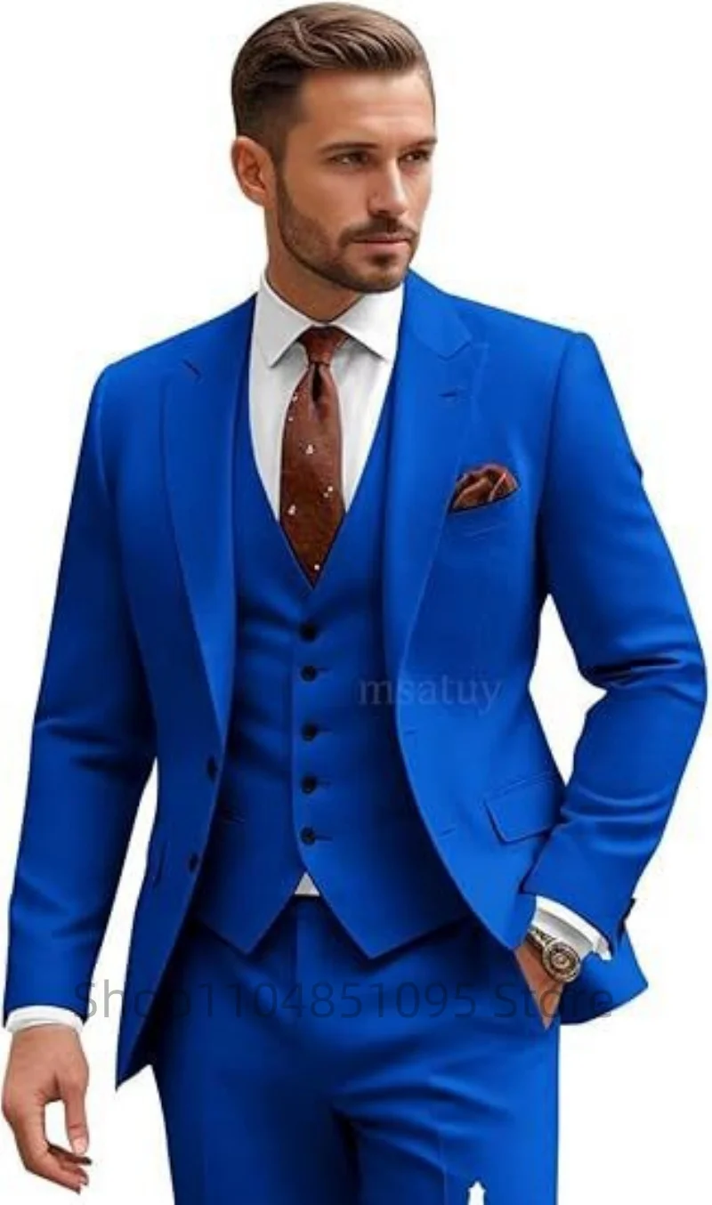

Elegant Suits for Men 3 Pieces Blazer Vest Pants Set Peak Lapel Two Buttons Regular Male Suit for Wedding Banquet Evening Party