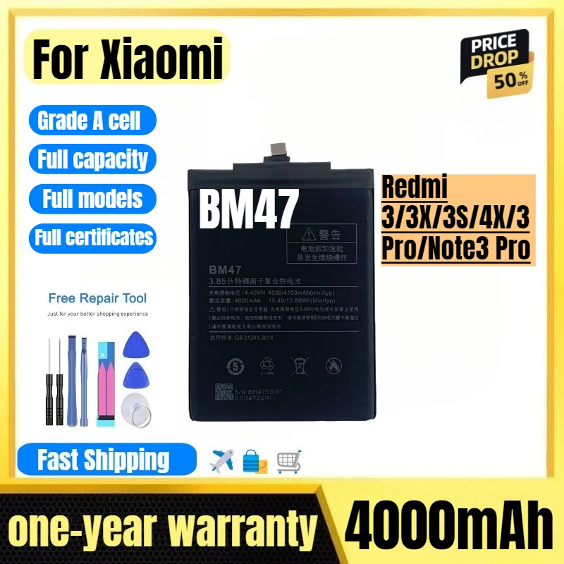

BM47 for Xiaomi Redmi 3/3X/3S/4X/3 Pro/Note3 Pro Phone Battery High Quality High Capacity Replacement Bateria Grade A Cell Tools