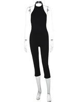 Hugcitar Ribbed Halter Backless Solid Button Sexy Bodycon Skinny Jumpsuit Summer Women Fashion Vacation Romper Streetwear Club 6