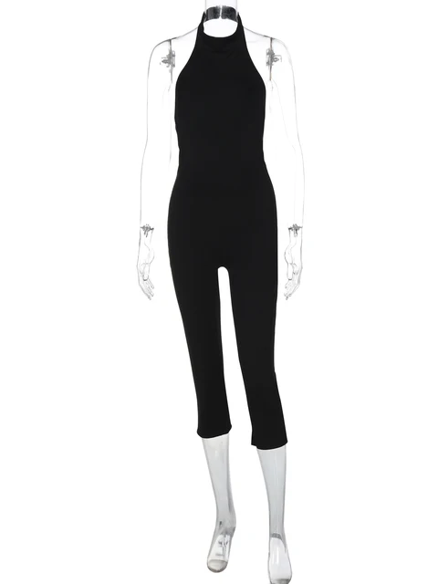 Hugcitar Ribbed Halter Backless Solid Button Sexy Bodycon Skinny Jumpsuit Summer Women – view 6