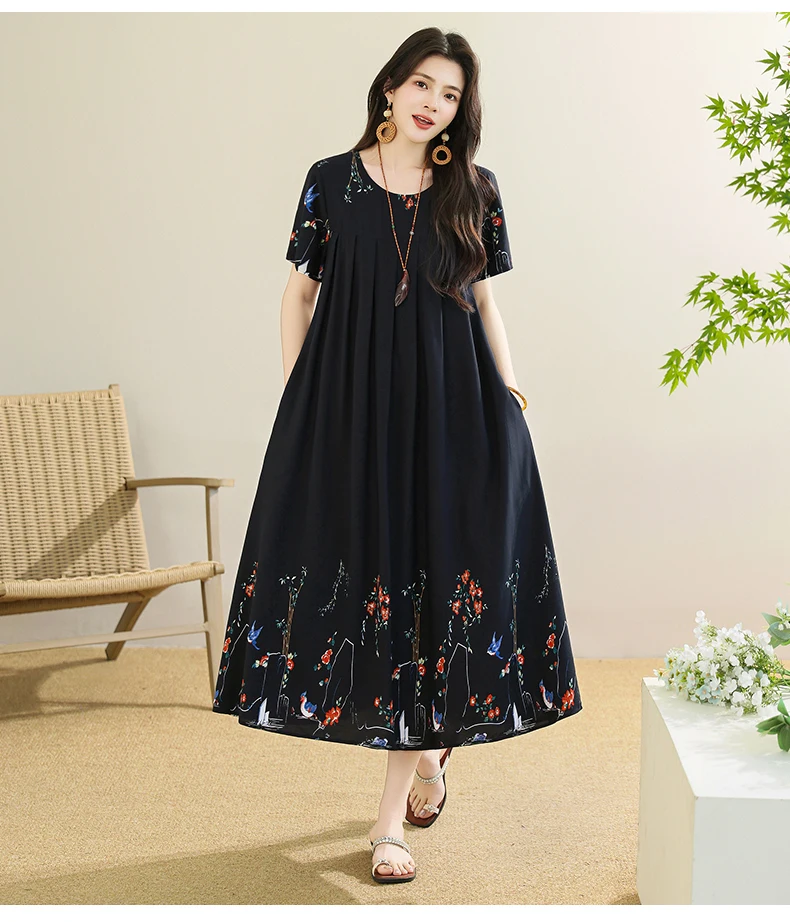 New 2025 Summer Dress For Women Plus Size Dress Casual Short Sleeve Boho Vintage Print Long Maxi Dress Beach Women Clothing