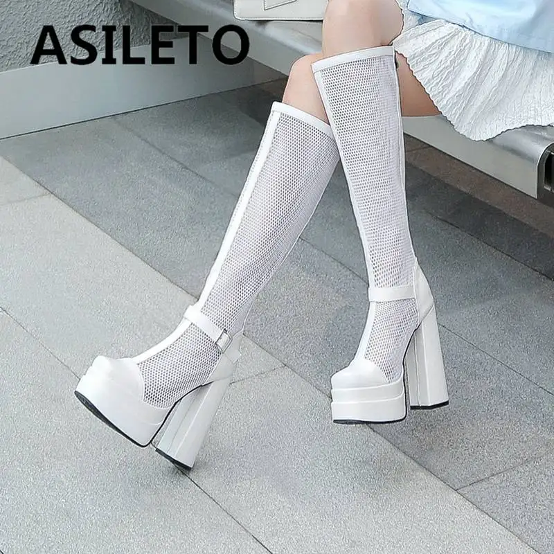 ASILETO Luxry Shoes Women Knee-high Summer Boots Square Toe Chunky Heel 14cm Double Platform 4.5cm Zipper Buckle Plus Size 45