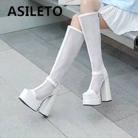 ASILETO Luxry Shoes Women Knee-high Summer Boots Square Toe Chunky Heel 14cm Double Platform 4.5cm Zipper Buckle Plus Size 45