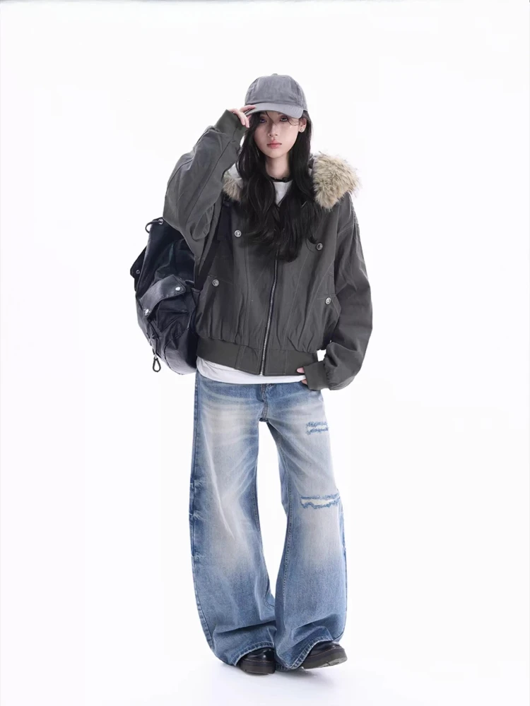 

Casual Outerwear Y2k Fur Collar Parkas Woman Chic American Style Retro Hooded Jacket Winter Gothic Harajuku Fashion Black Coat