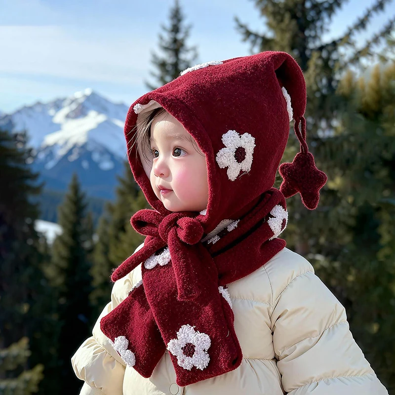 Innovative Design Children's Hat and Scarf Set for Winter Windproof Fluffy and Thickened Star and Flower Baby Ear Flap Hat