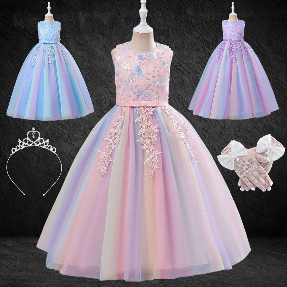 2023 Summer Girls Elegant Evening Wedding Prom Dress Party Pink Purple Blue Embroidered Flower Long Dresses Toddler Girl Clothes