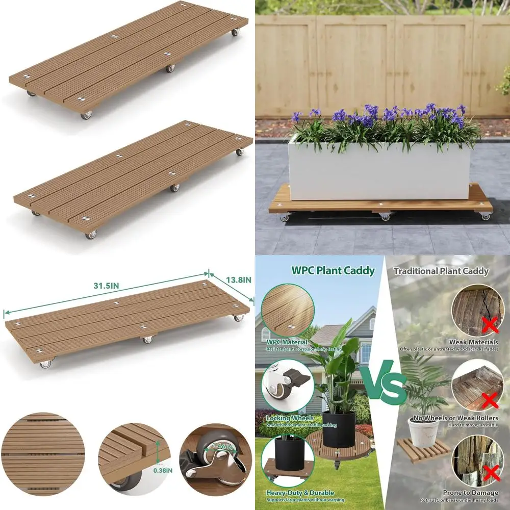

Heavy-Duty Rectangular Plant Dolly, Wood Plastic Composite Stand, 2 Pack with Wheels and 360° Metal Swivel for Easy Movement