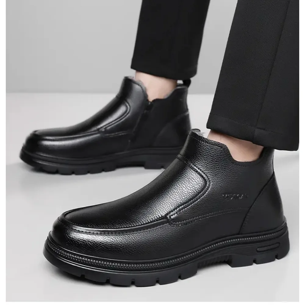 

Cold Winter Men Genuine Leather Boots Quality Thick Wool Warm Snow Boots Outdoor Waterproof Rubber Fur Climbing Shoes