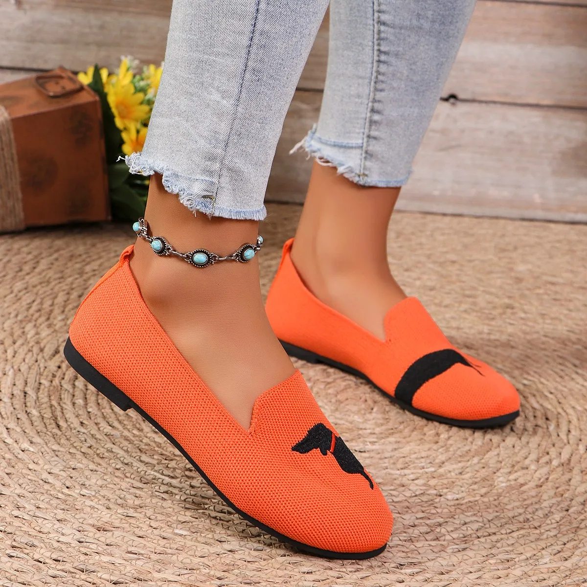 Dog Pattern Round Toe Flats for Women Comfortable Knit Ballet Flat Shoes Casual Slip on Shallow Shoes Office Boat Shoes Size 43