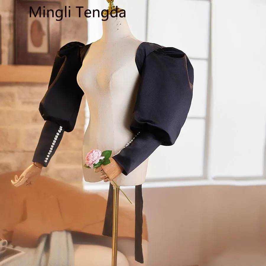 Mingli Tengda Black Satin Puffy Sleeved Cape Wedding Jacket Women Cloak Coat Bride Shawl  Bolero Custom Made Exaggerate  Potator