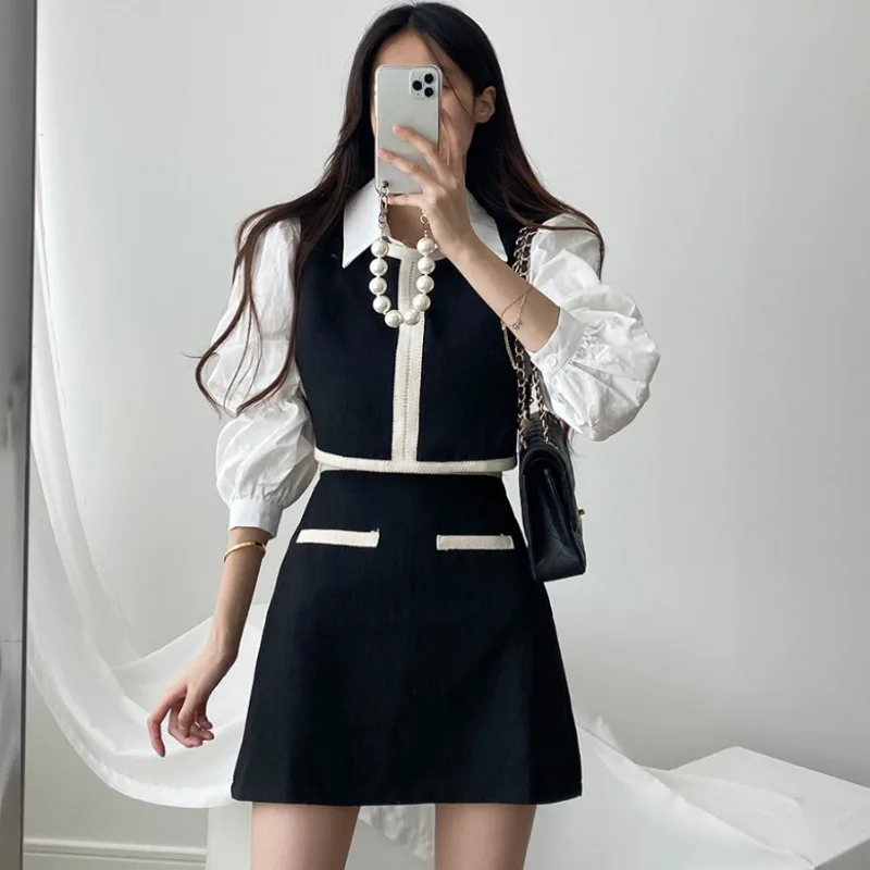 Temperament Women 2025 3-piece Set Laple Long Sleeve Shirts & Blouses + Contrast Vest + High Waist Bodycon Faldas Mujer Suit