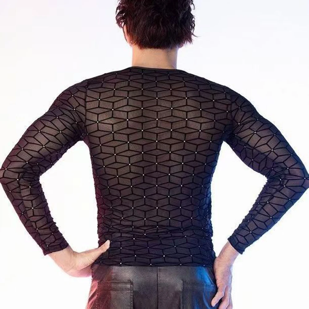 Mens Mesh Long-Sleeved Drop-Shoulder See-Through T-Shirt Nightclub Wear Fitness Breathable Bottoming Shirt Performance Clothes
