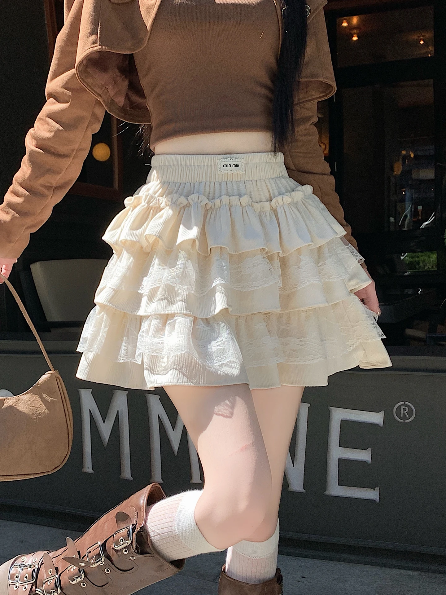 

Кружевная лоскутная юбка с высокой талией, женская осенне-зимняя новая утягивающая юбка трапециевидной формы, повседневная юбка Sweet Princ Sle