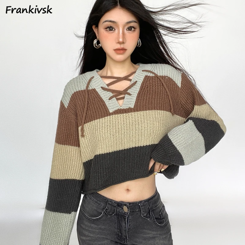 

V-neck Striped Pullovers Women Autumn Winter Vintage Lace-up Sweater Maillard Stylish Soft Warm Cropped Knitwear Comfortable New
