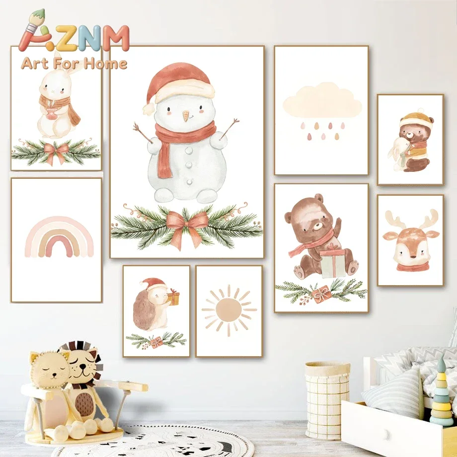 1pc frameless Christmas Gift Snowman Bunny Bear Squirrel Sun Wall Art Canvas Painting Nordic Posters And Prints Wall Pictures Ki