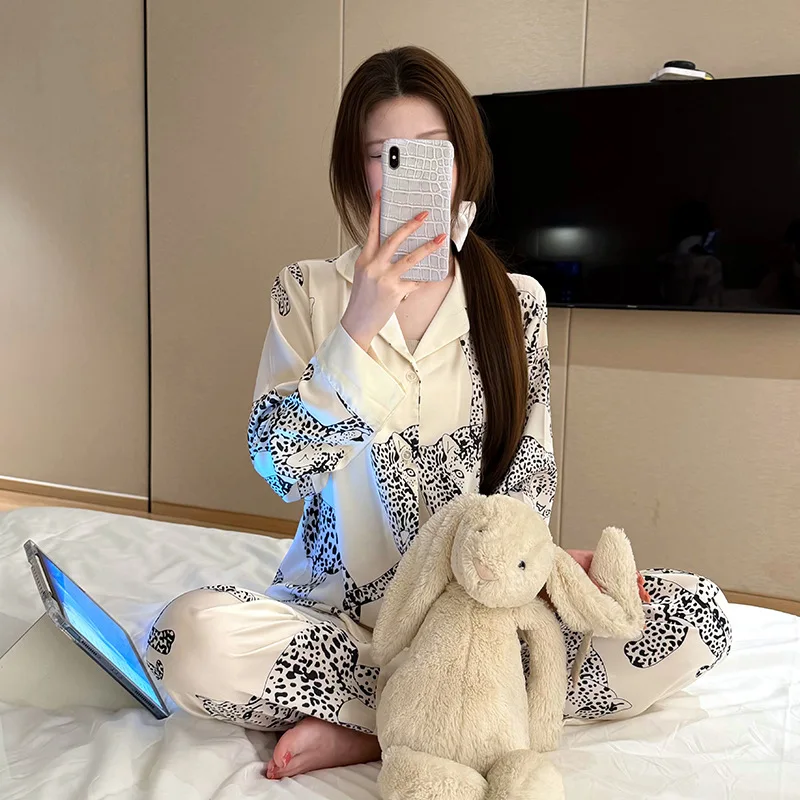 26 Spring Summer Sexy Women Girl Pajamas 2piece Set Ice Silk Long-sleeve Pants Leopard Print Leopard Loungewear Nightwear Nighty
