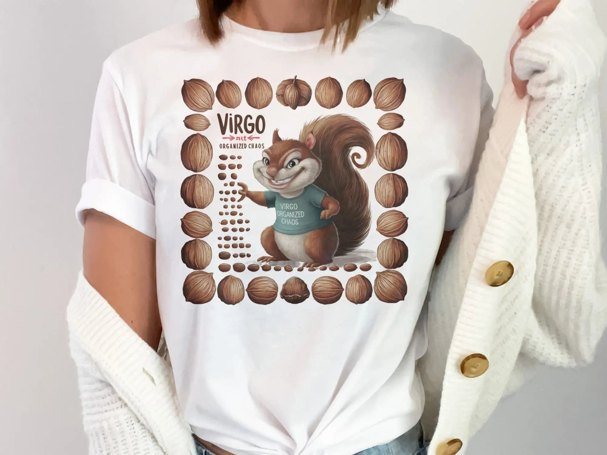 Virgo Nut Organized Chaos T Shirt Cute Squirrel Illustration Fun Astrology Design Unique Zodiac Quirky Lover