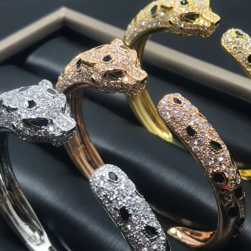 18KRose gold leopard full-diamond bracelet for women, fashionable diamond-encrusted leopard head wide bracelet, couple's style,