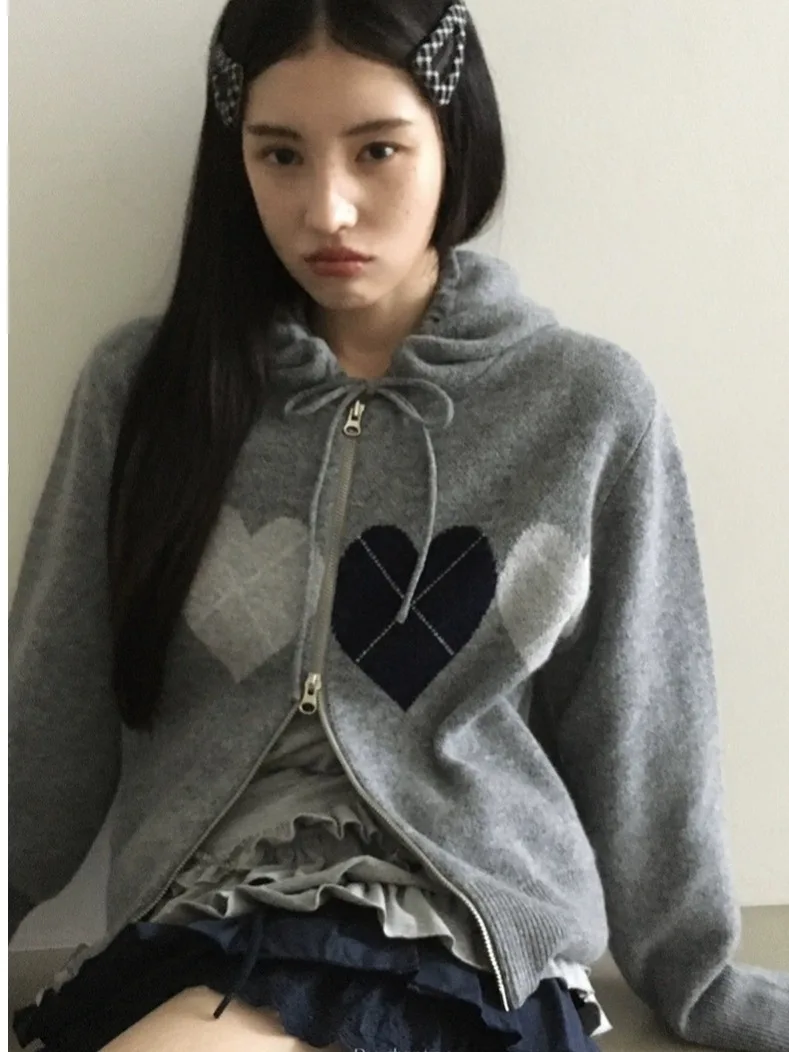 المرأة محبوك سترة معطف مع Dstring هود القلب نمط الماس معرف تصميم الخريف جديد Sle عارضة أعلى مريحة