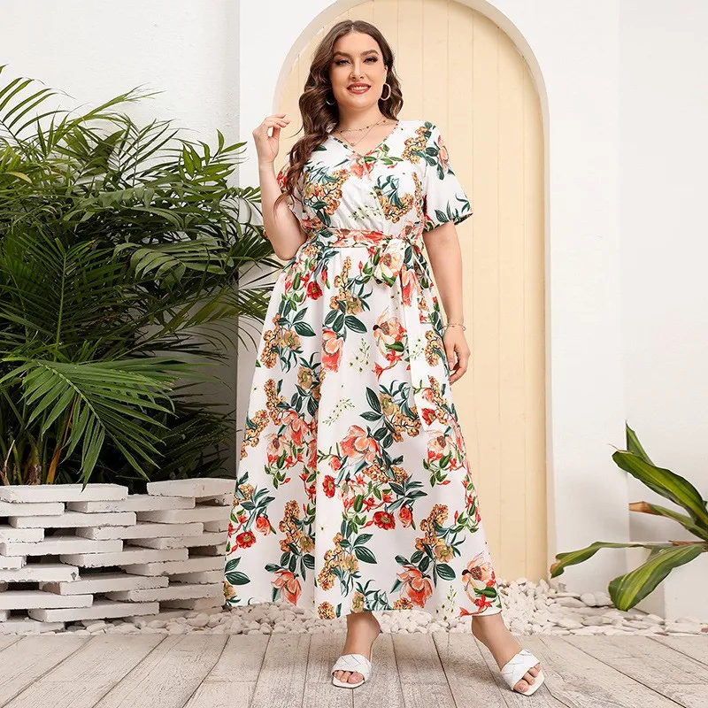 

Plus Size Fashion V-Neck Floral Print Boho Dress Women Summer Short Sleeve Maxi Dresses Holiday A-line Female Belted Long Dress