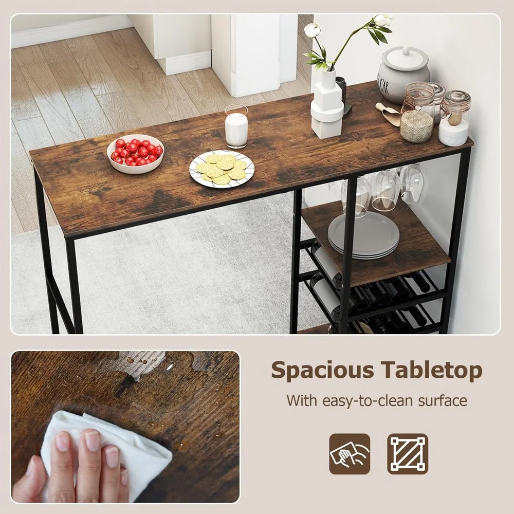 48 طاولة بار طويلة، طاولة طعام عالية مع مساحة تخزين، رف النبيذ وحوامل أواني الجذع، طاولة الإفطار على الطراز الصناعي