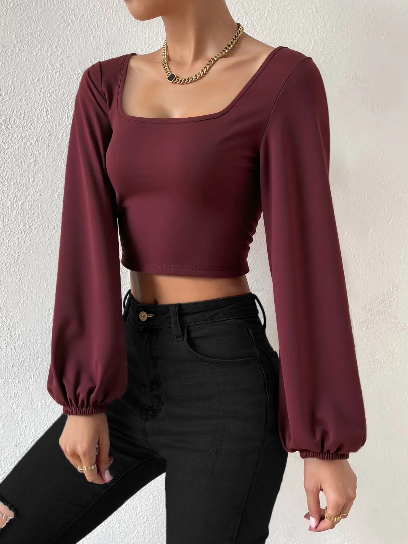 

Women's Wine Red Square Neck Crop Knit Top Fall Winter Long Sleeve Vintage Lantern Sleeve Slim Fit Basic Tee