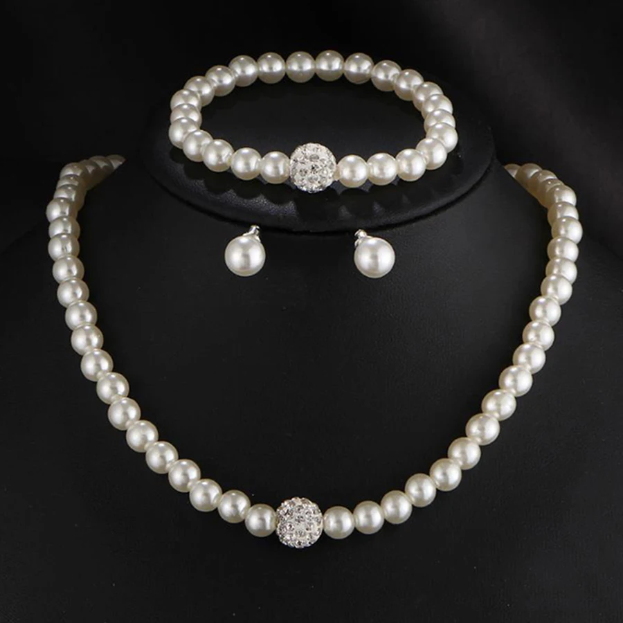 Vintage Faux Pearl Jewelry Set for Women Temperament Crystal Choker Necklace Earrings Bracelet Set Banquet Wedding 2T001