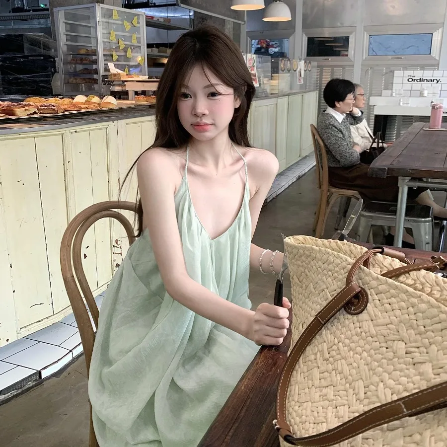 

【New style】Summer new open-back hanging sling green dress children French small man beach holiday skirt