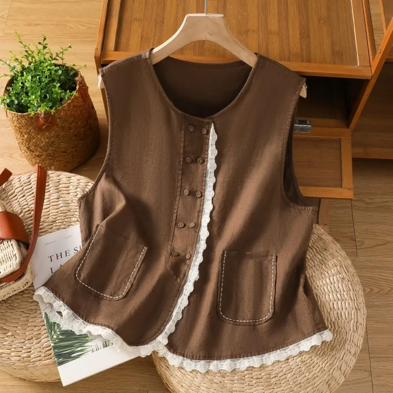 Ladies Vest Jacket Spring Summer Cotton and Linen Age-reducing Women's Vests Coat Embroidered Sleeveless Female Waistcoat