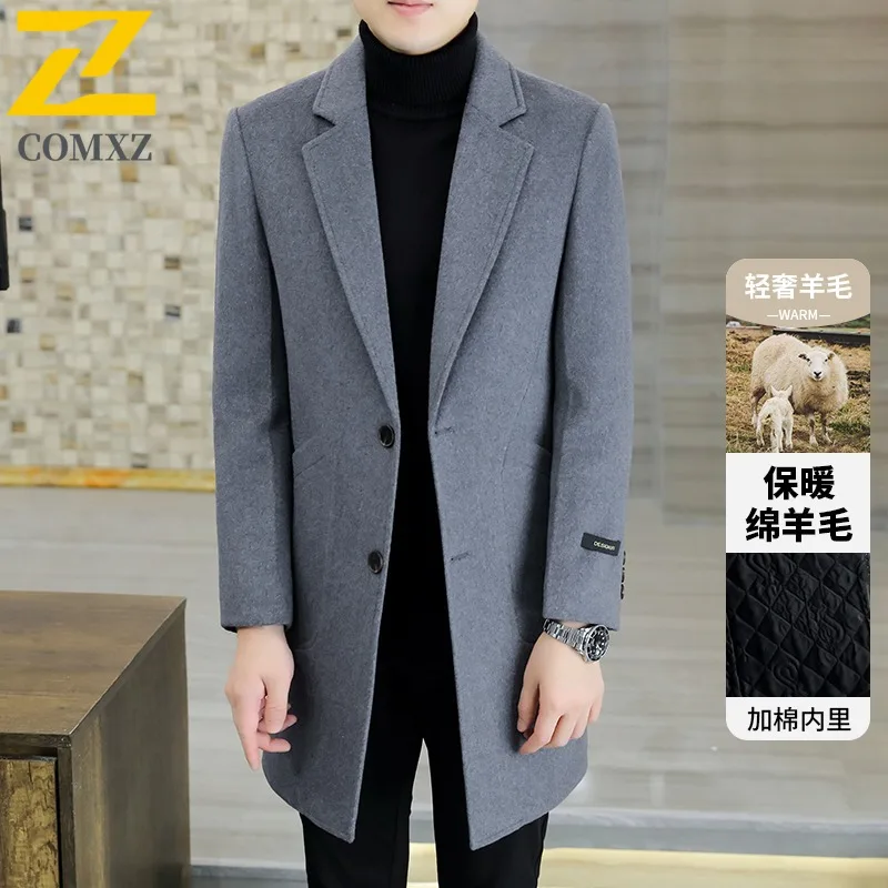 COMXZ Mens Business Wool Trench Coat Autumn Winter Cotton Warm Long Cashmere Wool waterproof windproof lightweight windbreaker