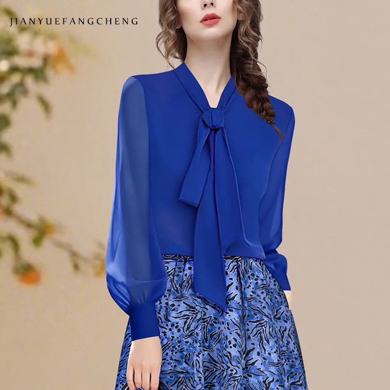 

2026 Spring Blue Scarf Collar Chiffon Shirt Top with lantern sleeves for women, loose-fitting Casual Office Blouses