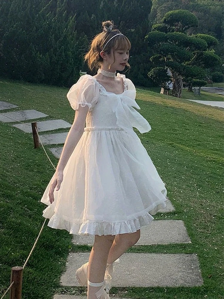 Vestidos nova malha kawaii vestido de fadas das mulheres doce vintage babados elegante puff manga lolita vestidos curtos 2023 verão arco robes