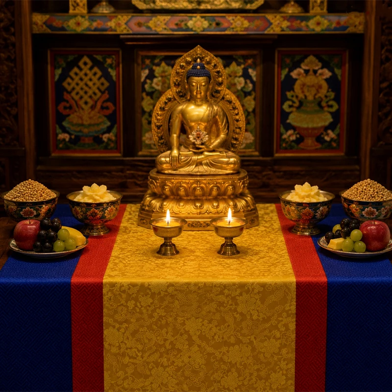 Tibetan Buddhist Altar Cloth Embroidered Rose Tablecloth Dharma Guru Offering Mat Decorative Scripture Cover for Home Temple