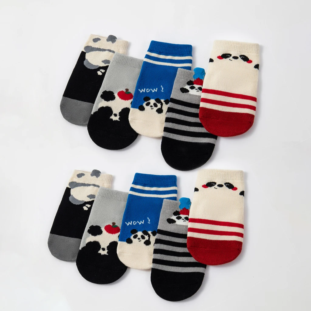 10 Pairs Cute Panda Kids Ankle Socks Striped Soft Cotton Toddler Baby Socks Breathable Anti-slip Short Socks For Boys Girls