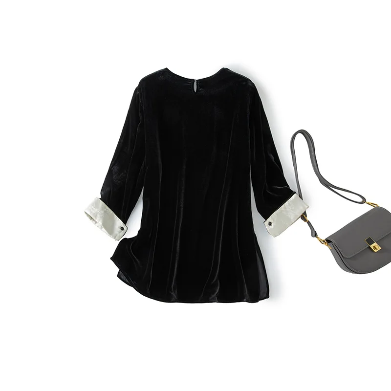 Winsleter-Silk Velvet Elegant T-Shirt, O Neck 3/4 Sleeve, Women Hepburn Style Retro Commute Loose Top, 2026 Autumn New T68709CC