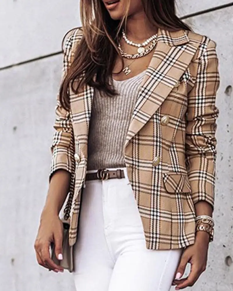 autumn and winter New style long sleeve double breasted plaid printed blazer