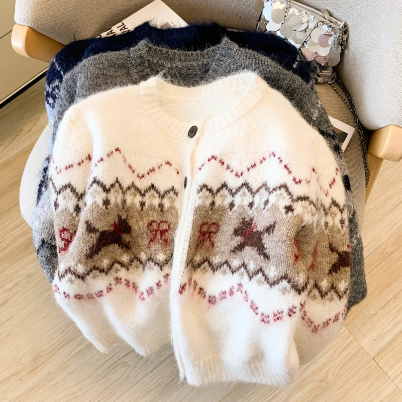 2025, Neu, Europäisch, Kleidung, Herbst, Winter, Pullover, Chic, Sexy, O-Ausschnitt, Cartoon, Hund, Druck, Damen, Langarm, Strick, Strickjacke, Tops, 59046