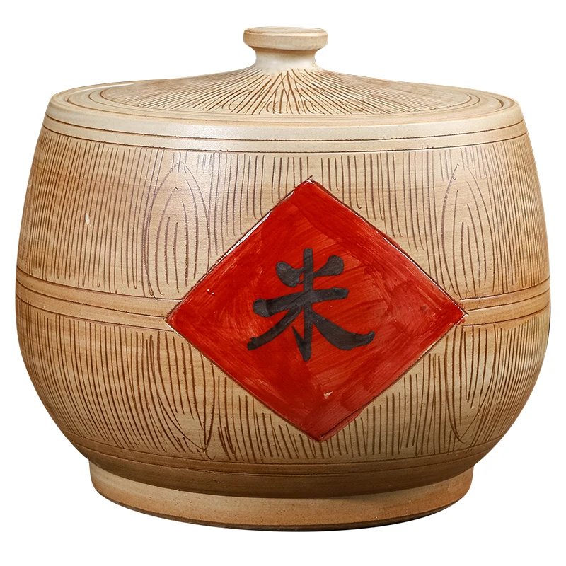 Chinese ceramic old-fashioned retro rice cylinder with lid 50 kg rice bucket household noodle bucket