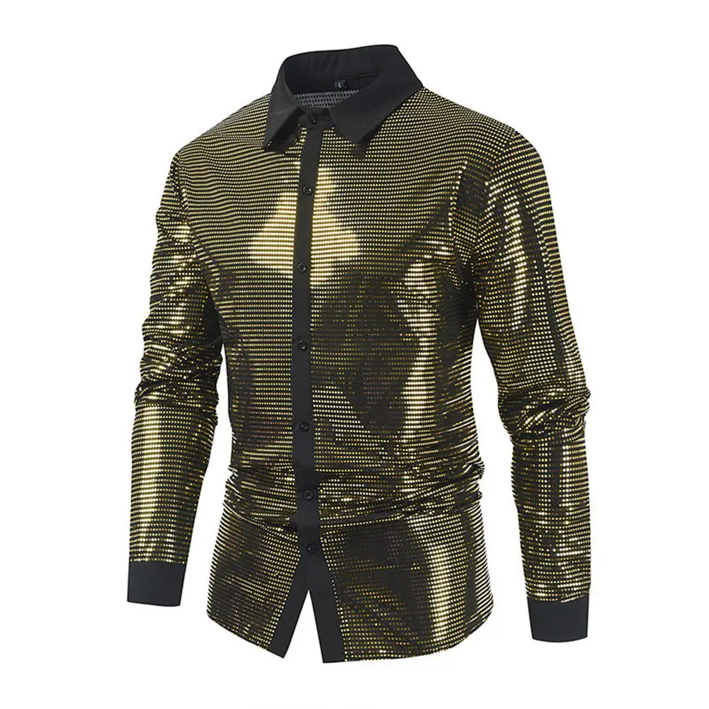 

Comfy Fashion Shirt Shirt Brand New Shiny Glitter Button Down Shiny Sequin Casual Costume T-Shirts Slight Stretch