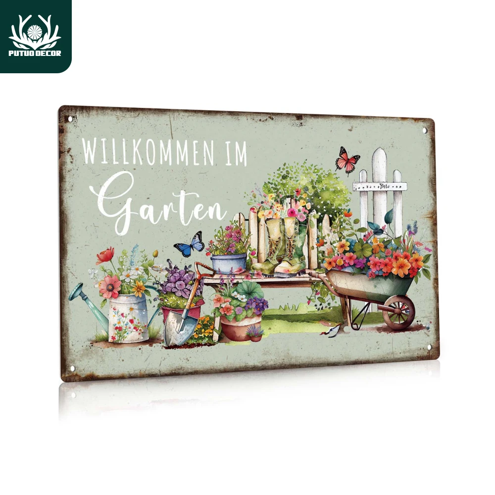 Putuo Decor 1pc Garden Metal Tin Sign, Willkommen im Garten, Vintage Plaque Wall Art Decor for Yard Garden Porch