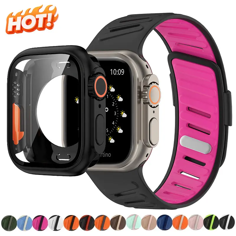 Silikonarmband für Apple Watch 44 mm/45/41/40 mm Armband + Displayschutzfolien Change to Ultra für iWatch Serie 11 10 9 8 7 SE 6 5 3