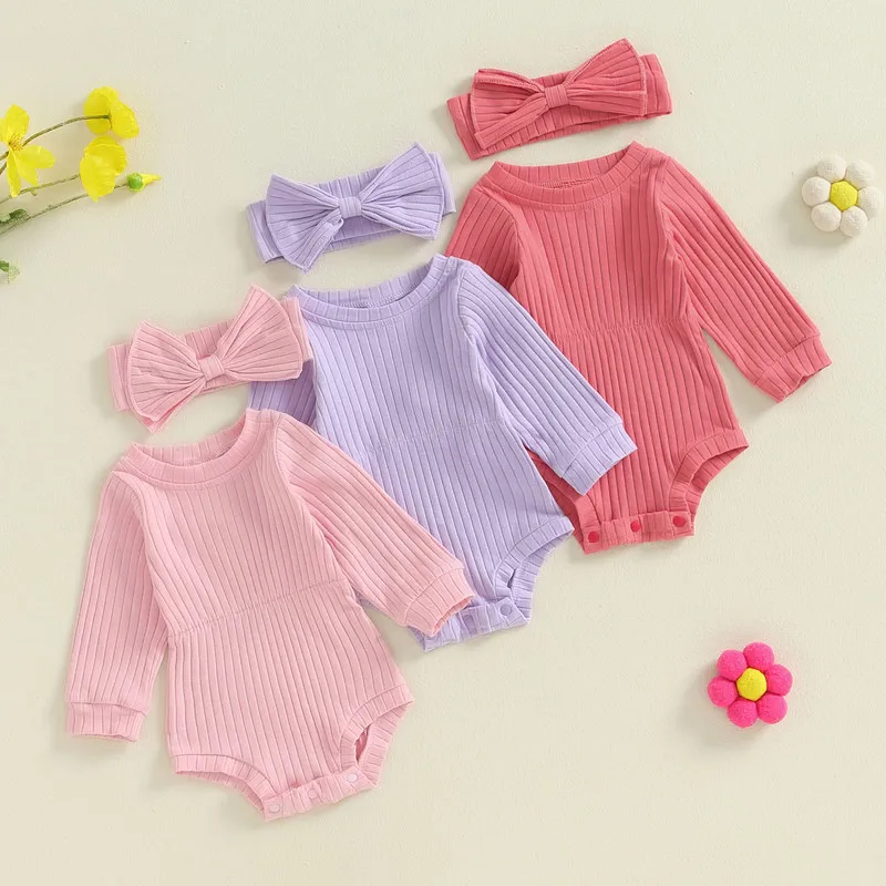 Newborn Baby Girls Bodysuit Spring Autumn Clothes Solid Color Ribbed Long Sleeve Jumpsuit and Cute Headband Set for Infant