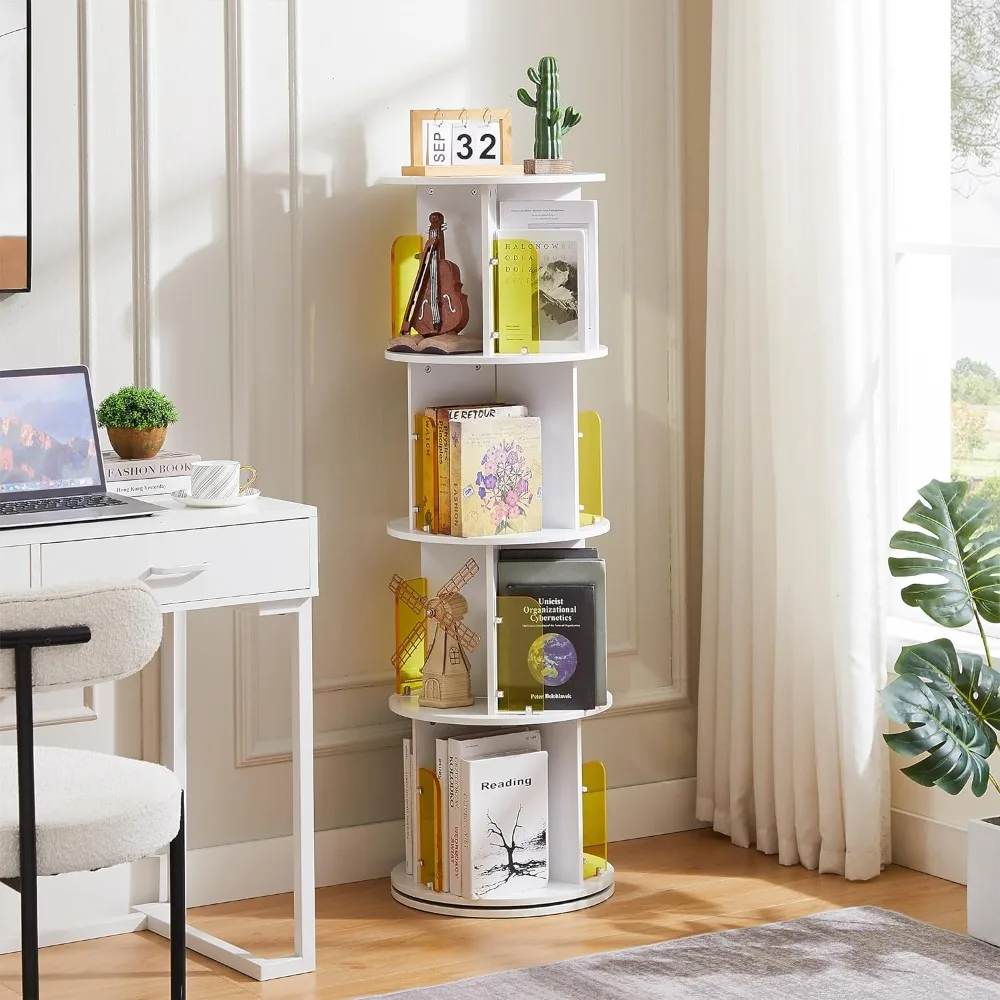 

Rotating Bookshelf with Acrylic Display Window Partition, 4 Tier Small Corner Book Display Storage Bookcases