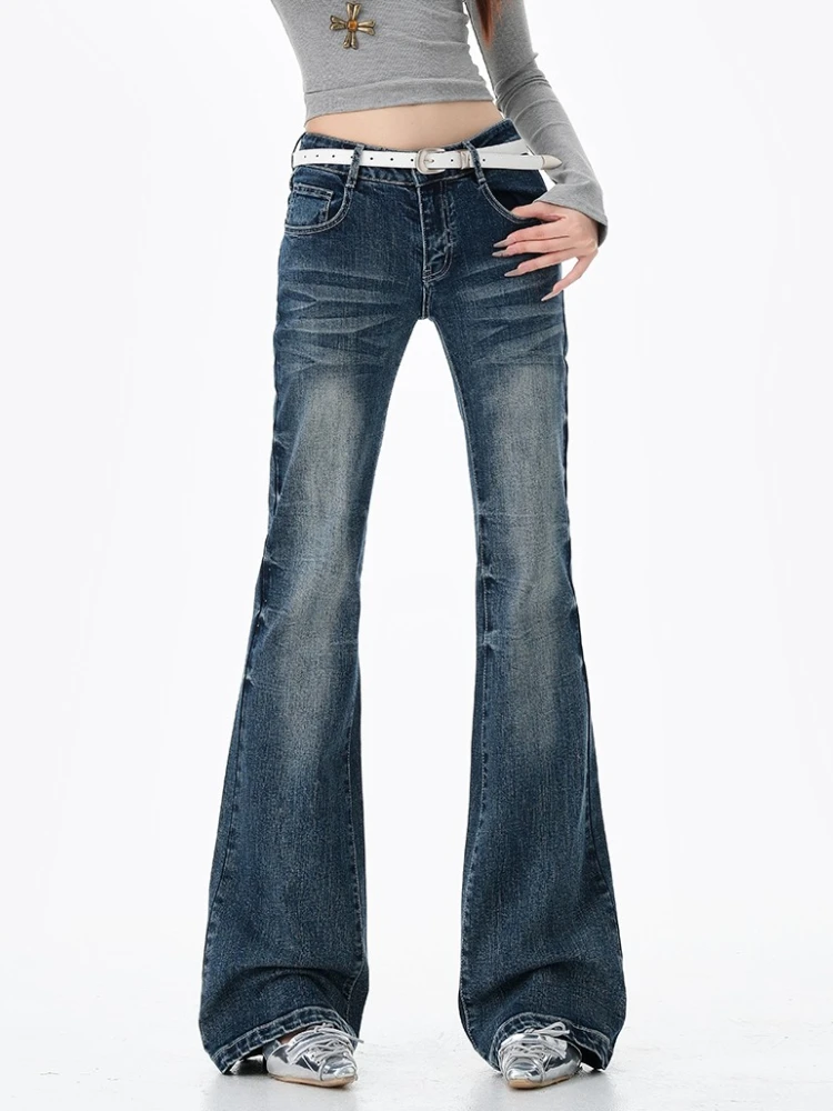 

American Retro Low Waist Flare Jeans Women Blue Stretch Slim Fit Hot Girl Vintage Design Elastic Denim Bell Bottom Long Pants