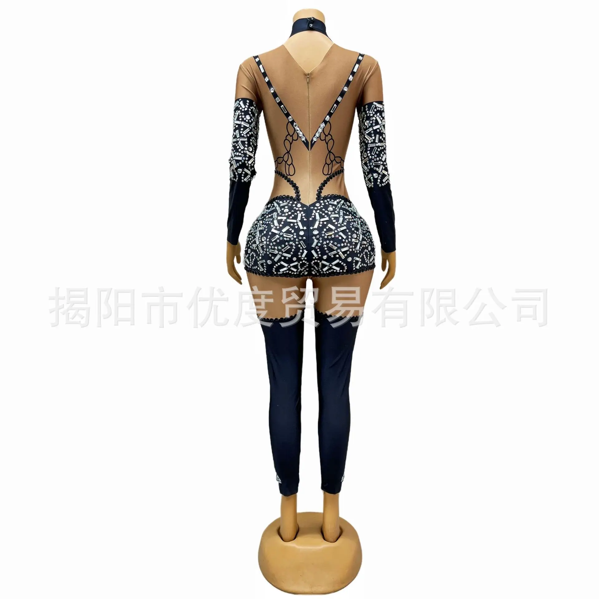 Personalized Rhinestone Glam Mesh Jumpsuit Cocktail Night Party Performance Black Angel Jumpsuit Dresses For Woman Elegant Party