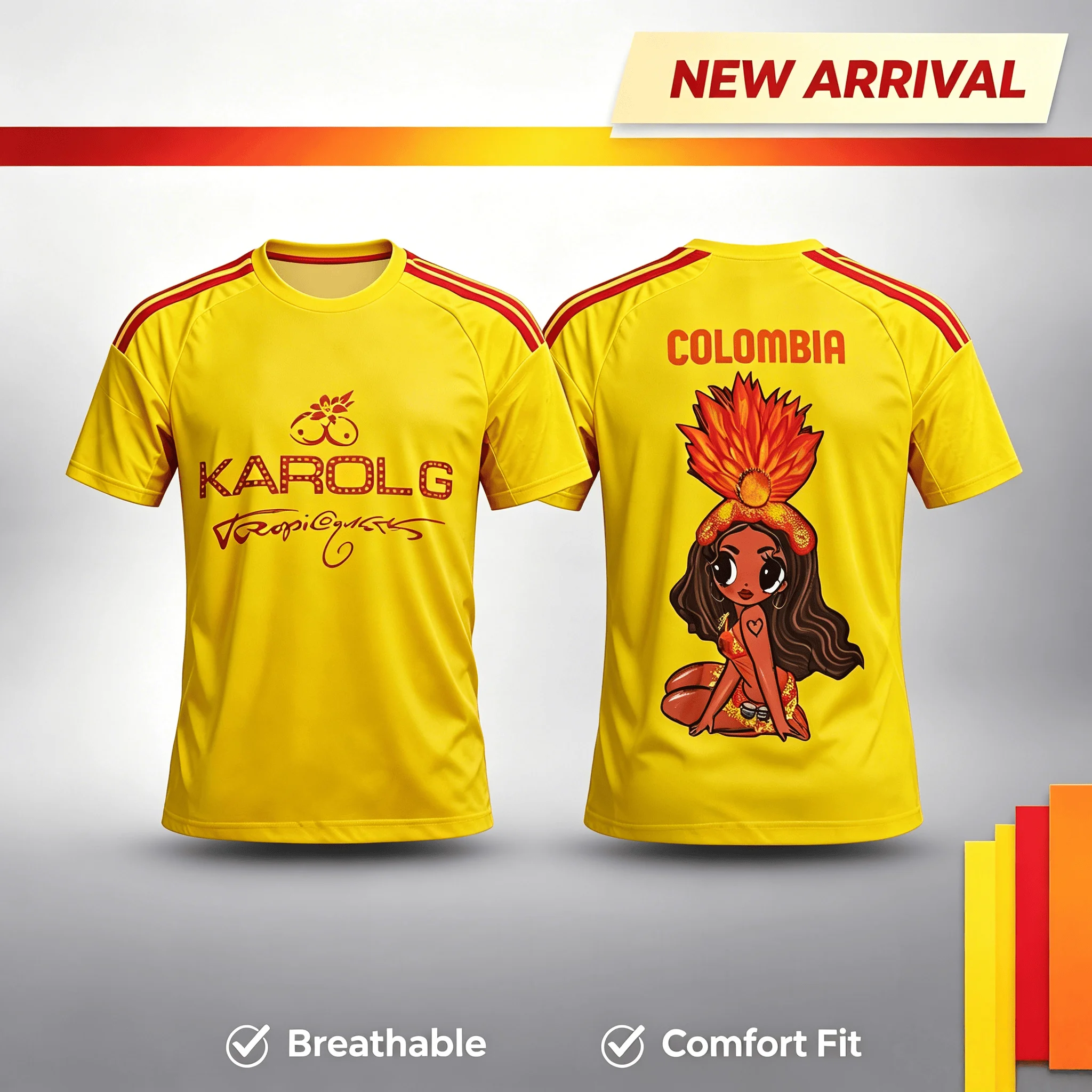 Camiseta de Fútbol con Estampado de Graffiti de Karol G Colombia, para Hombre y Mujer, Estilo Tropical, con Dibujos Animados, Manga Corta, Transpirable, para Niños y Familia