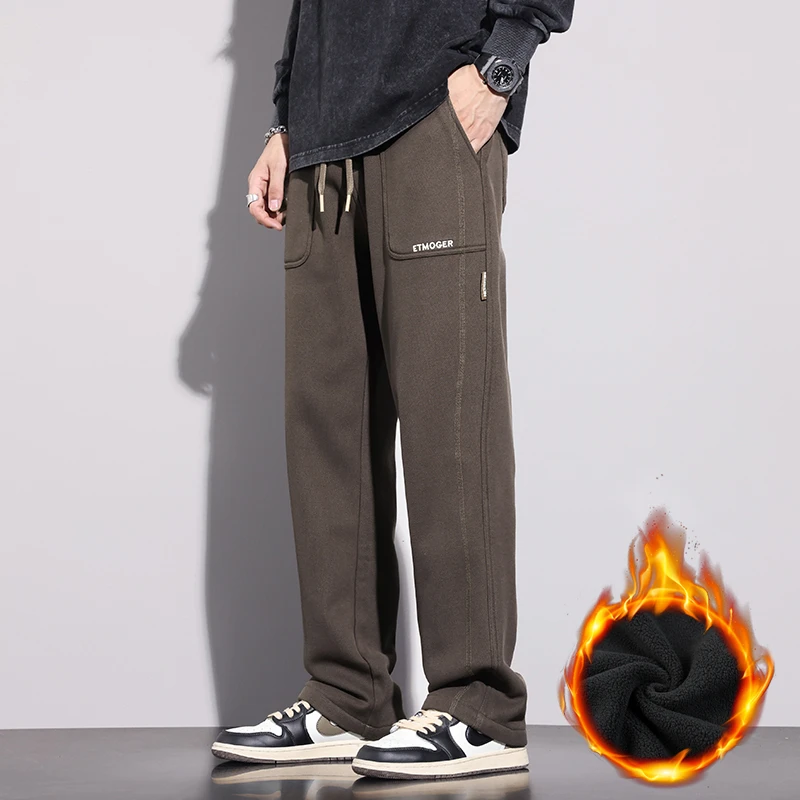 CUMUKKIYP 2023 Autumn Winter New Arrival Thickened Fleece Knitted Wide Leg Casual Pants for Men