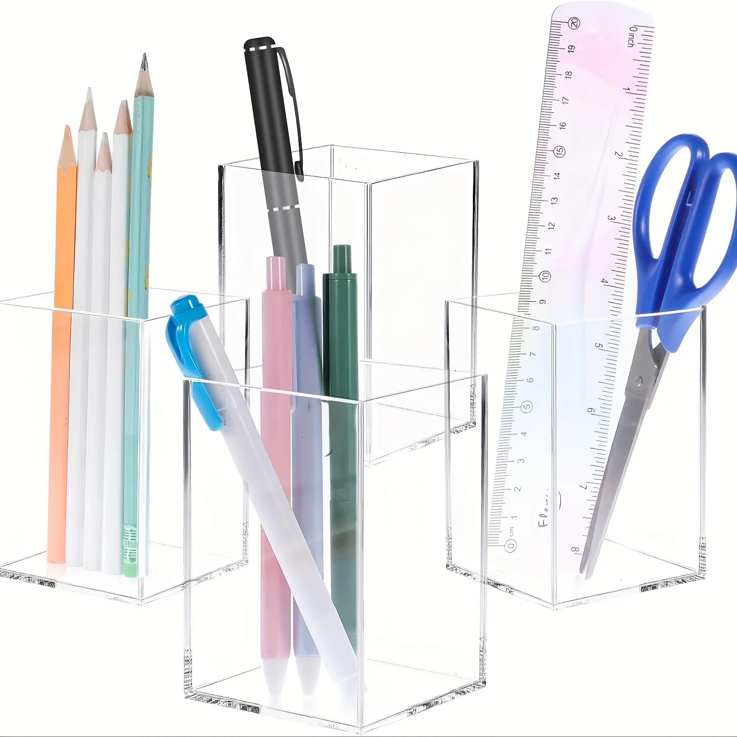 4 قطع حامل أقلام مربع من الأكريليك، كوب أقلام رصاص شفاف، تخزين فرش المكياج، منظم سطح المكتب للمكتب والمدرسة والمنزل، محمول