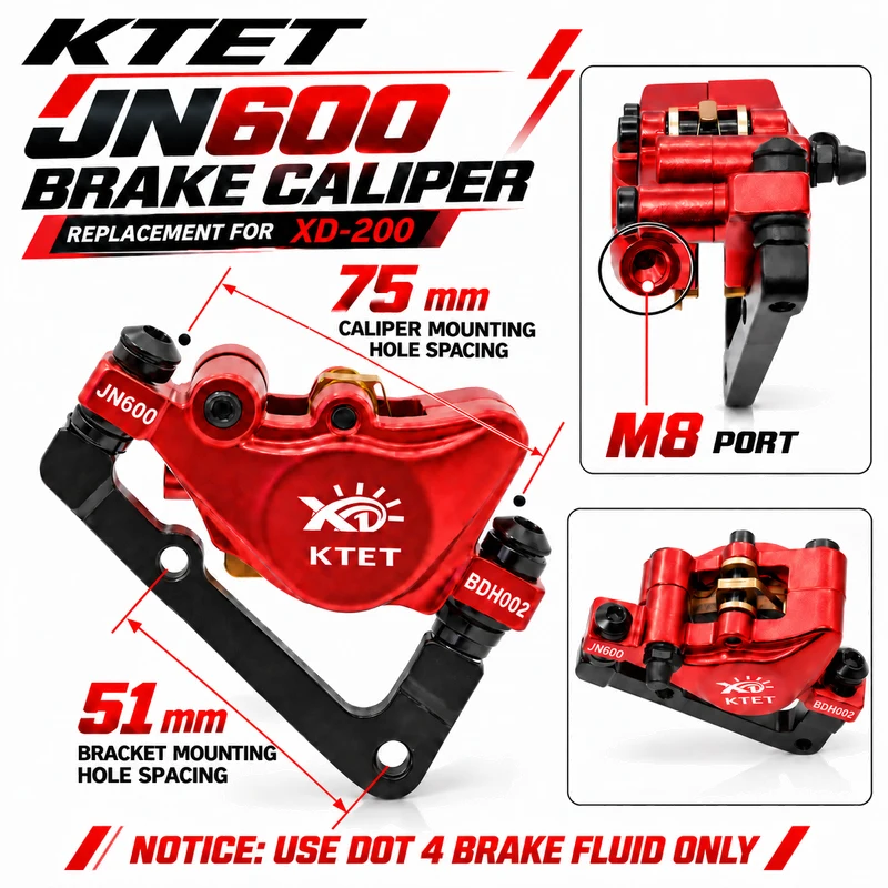 BG-X Mini Hydraulic Brake Caliper KTET JN600, 2 Piston Disc Red Anodized, for Electric Bike E-Moto, 75mm Mount, Spare Part