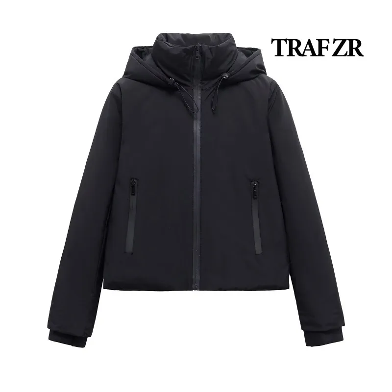 TRAF ZR Hooded Coat for Women Vintage Black Snow Parka New in Outerwears Warm Woman Winter Coats Elegant Luxury Women's Coat